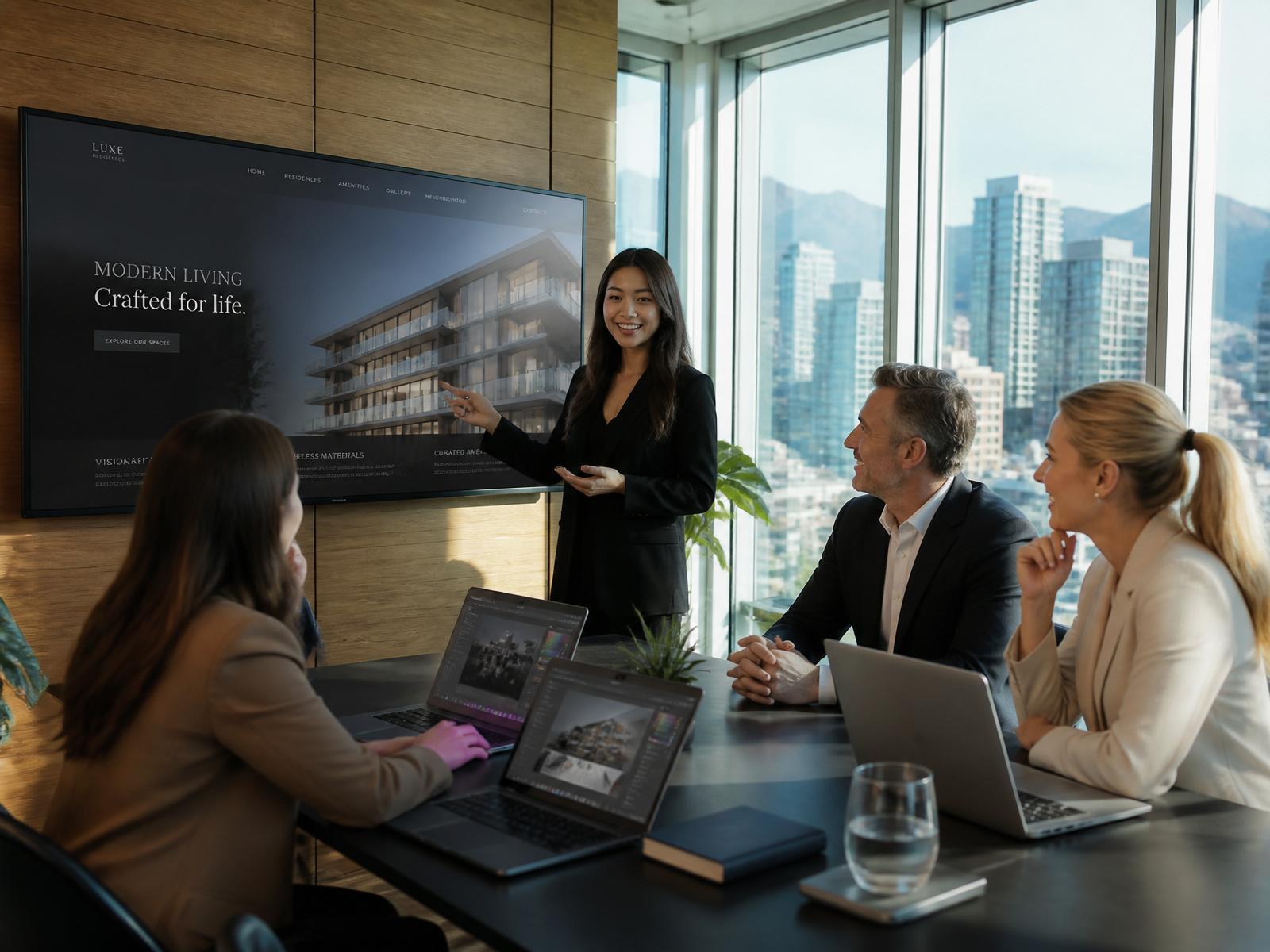 Prospering Digital web design team presenting a client website review in a Vancouver agency office