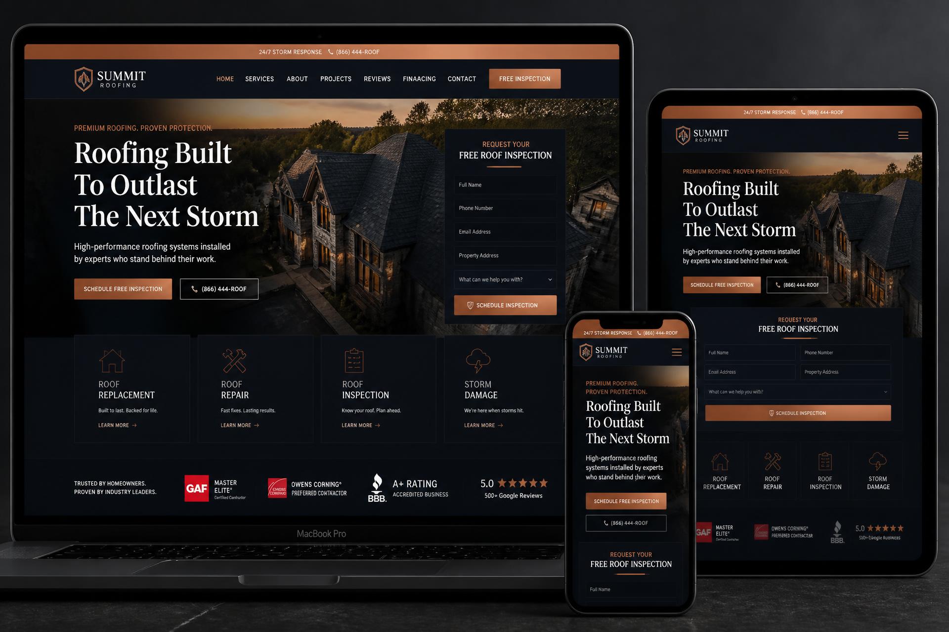 Luxury roofing company website mockup shown on MacBook, iPad and iPhone with 24/7 storm response banner, free roof inspection request form, and services grid