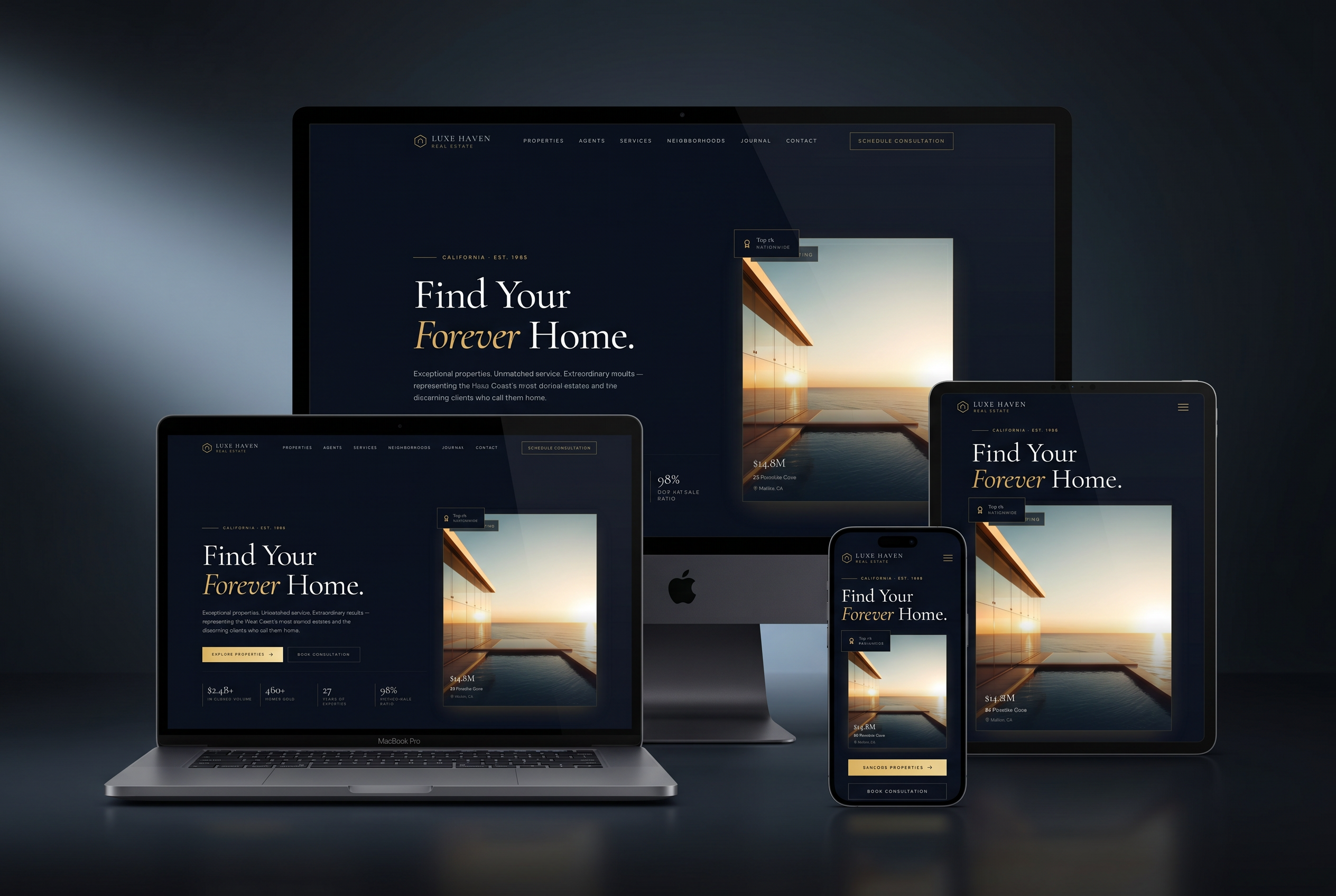 Luxury real estate agent website mockup displayed on desktop, laptop, tablet and phone responsive device frames showing featured listings, property search and agent branding